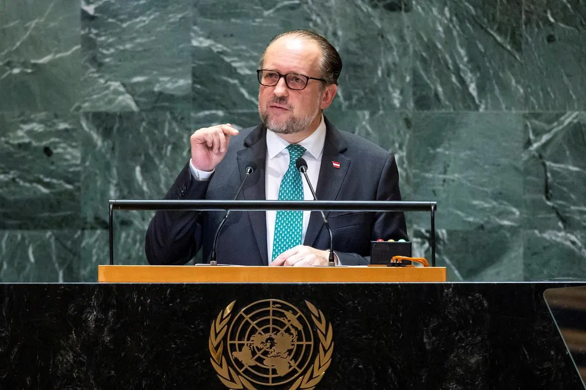 Austrian Foreign Minister Alexander Schallenberg addresses the 79th United Nations General Assembly at U.N. headquarters in New York, U.S., September 26, 2024.  REUTERS/Eduardo Munoz/File Photo