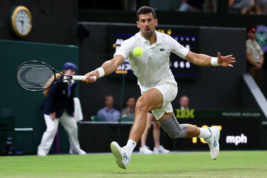 Tennis - Wimbledon - All England Lawn Tennis and Croquet Club, London, Britain - July 6, 2024 Serbia's Novak Djokovic in action during his third round match against Australia's Alexei Popyrin REUTERS/Hannah Mckay