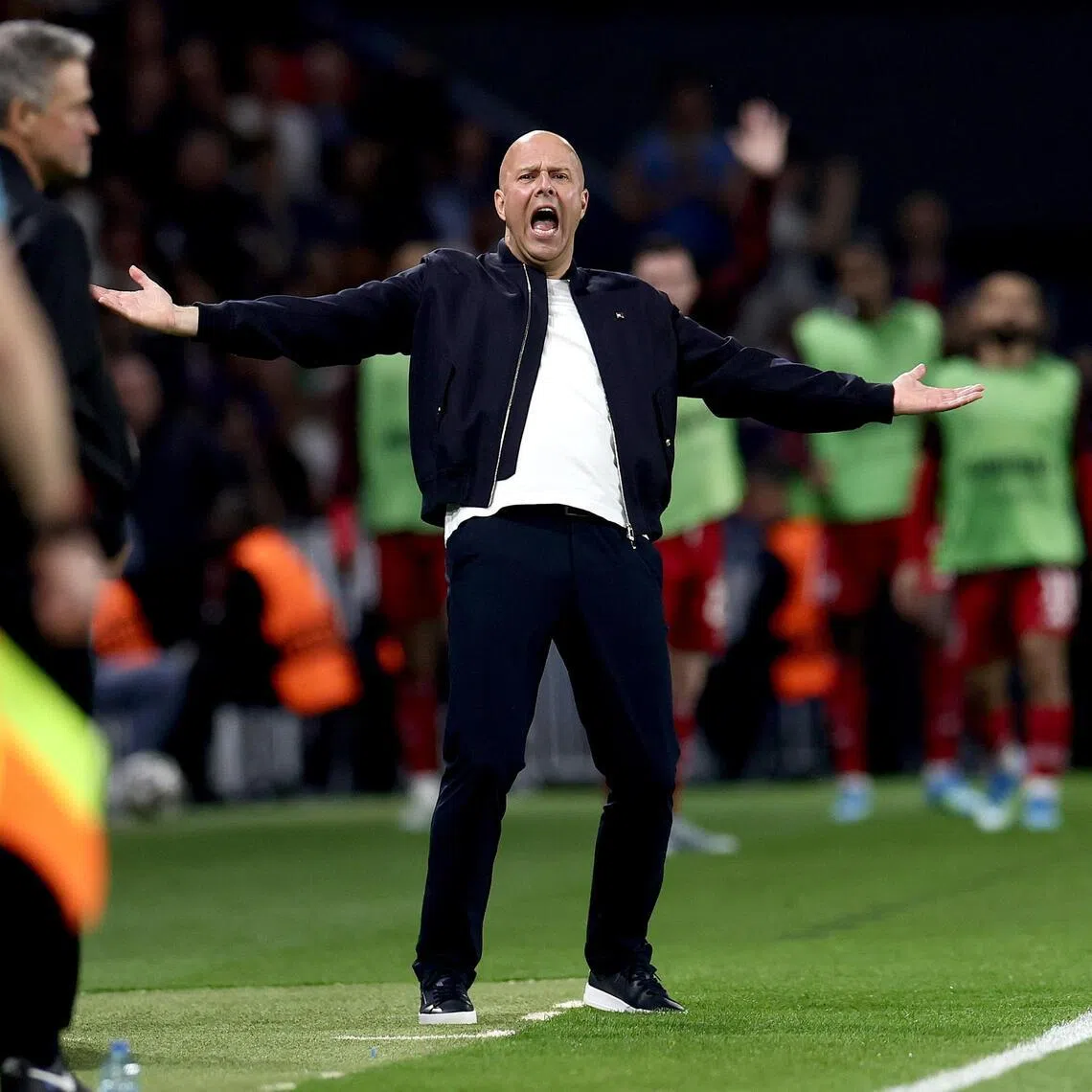 Liverpool manager Arne Slot gesturing on the touchline during the 2-0 Champions League quarter-final, first-leg defeat by Paris Saint-Germain at the Parc des Princes on April 8, 2026.
