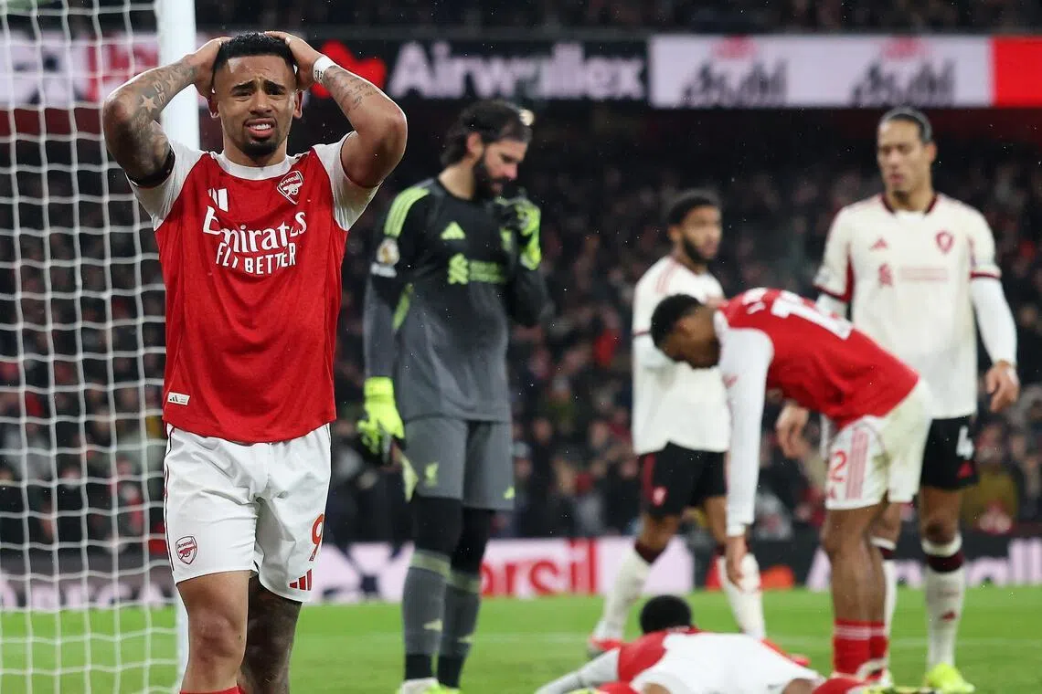 Arsenal's Gabriel Jesus reacts after his team misses an opportunity to score against Liverpool from a corner.