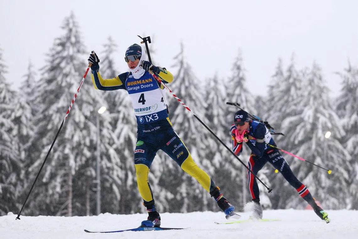 FILE PHOTO: Biathlon - Biathlon World Cup - Oberhof, Germany - January 10, 2026 Sweden's Sebastian Samuelsson in action during the men's 12.5km pursuit REUTERS/Matthew Childs/File Photo