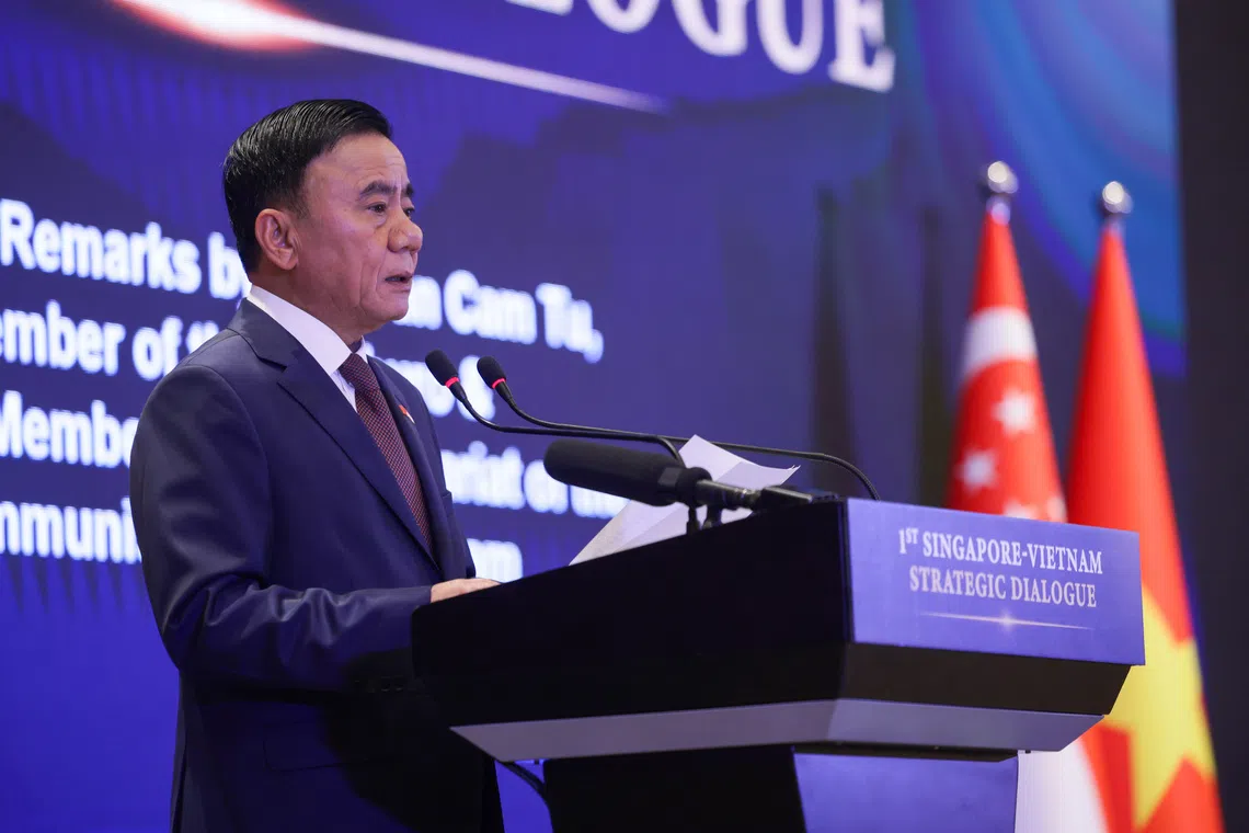 Permanent member of the Communist Party of Vietnam Central Committee Secretariat Tran Cam Tu delivering his speech during the inaugural Singapore-Vietnam Strategic Dialogue on Aug 25.
