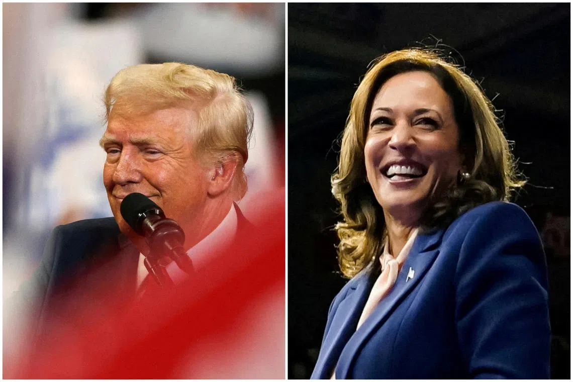 FILE PHOTO: A combination picture shows Republican presidential nominee and former U.S. President Donald Trump reacting during a campaign rally held with Republican vice presidential nominee Senator JD Vance, in Atlanta, Georgia, U.S., August 3, 2024., and U.S. Vice President and Democratic presidential candidate Kamala Harris reacting as she holds a campaign rally with her newly chosen vice presidential running mate Minnesota Governor Tim Walz in Philadelphia, Pennsylvania, U.S., August 6, 2024. REUTERS/Umit Bektas/Elizabeth Frantz/File Photo