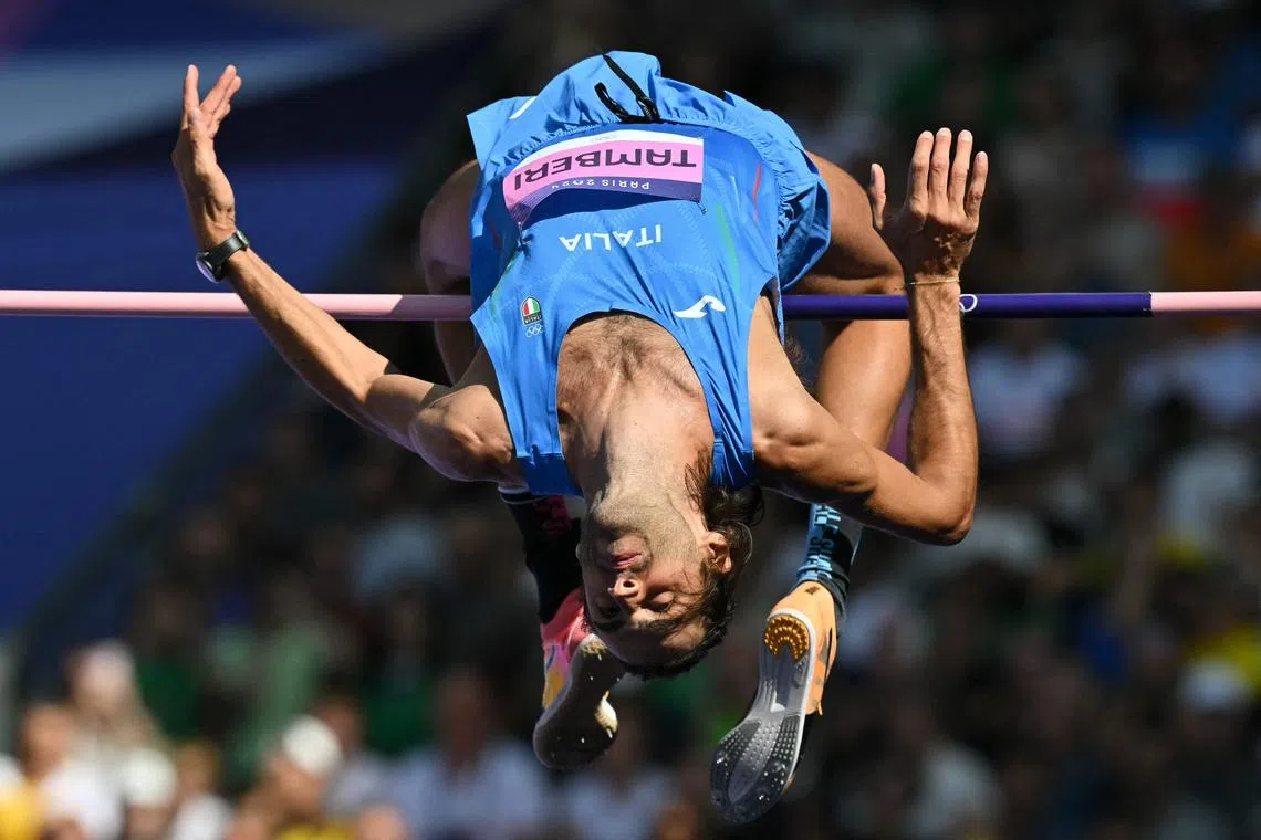 Italy's Gianmarco Tamberi in the men's high jump qualification at the Paris Olympic Games on Aug 7, 2024.