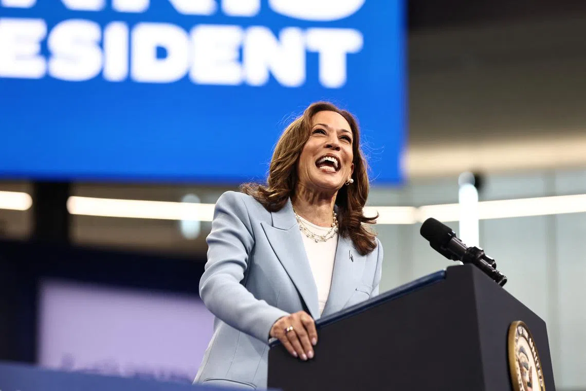 FILE PHOTO: Democratic presidential candidate and U.S. Vice President Kamala Harris speaks at a presidential election campaign event in Atlanta, Georgia, U.S. July 30, 2024. REUTERS/Dustin Chambers/File Photo