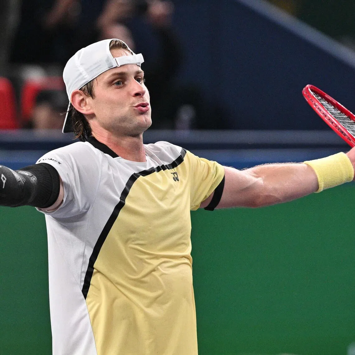 Belgium’s Zizou Bergs celebrating after beating Spainiard Carlos Alcaraz in the Shanghai Masters third round on Oct 12.