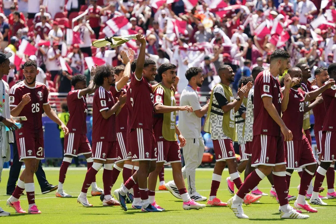 Soccer Football - FIFA World Cup 2026 - Group B - Qatar v Switzerland - San Francisco Bay Area Stadium, Santa Clara, California, U.S. - June 13, 2026 Qatar players celebrate after the match IMAGN IMAGES via Reuters/David Gonzales