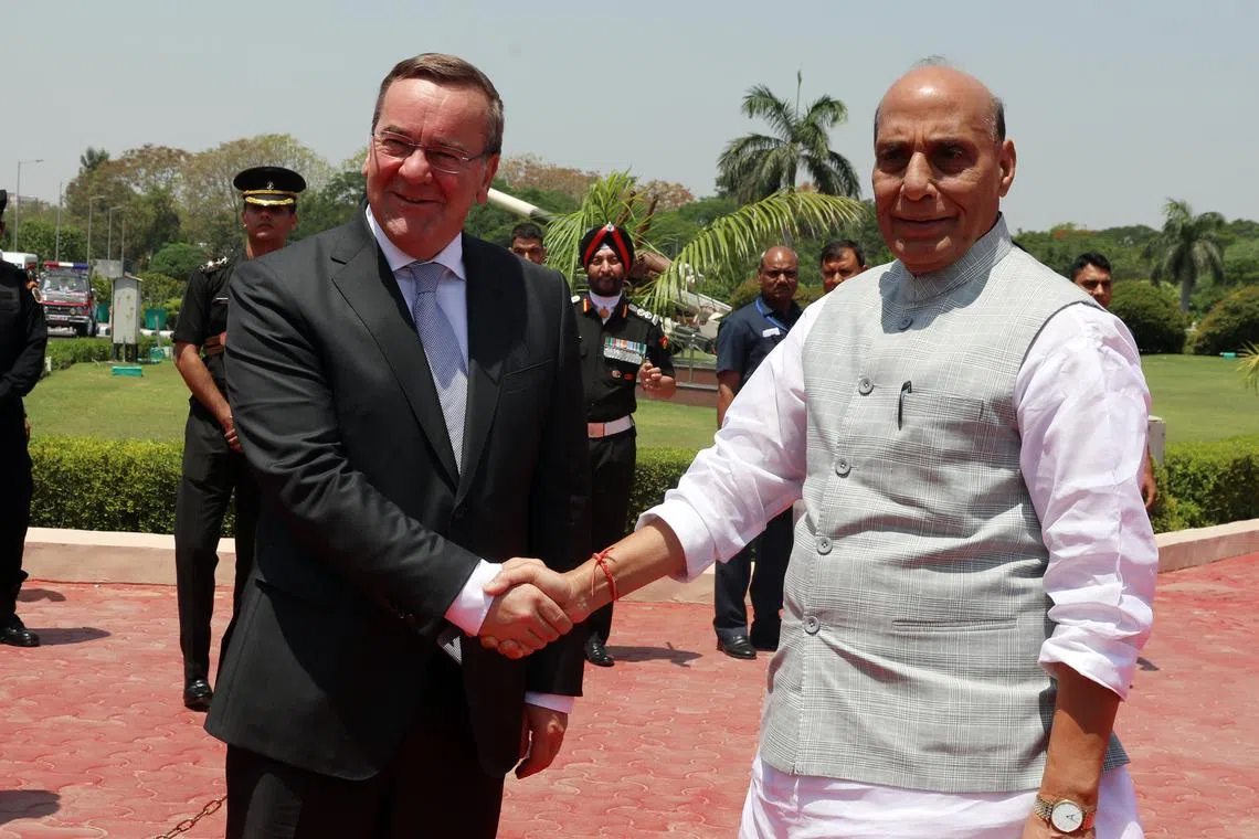 Indian Defence Minister Rajnath Singh welcomes German Federal Minister of Defence Boris Pistorius in New Delhi, on June 6.