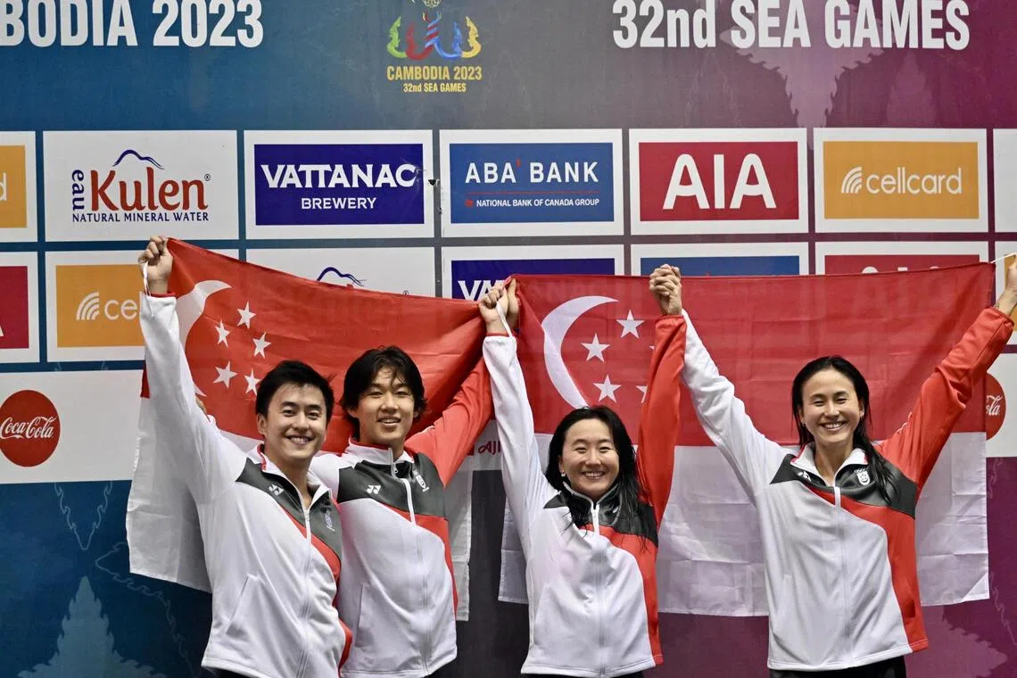 (From left) Quah Zheng Wen, Nicholas Mahabir, Quah Jing Wen and Quah Ting Wen posing for a victory photo after receiving their gold medals on May 9, 2023.