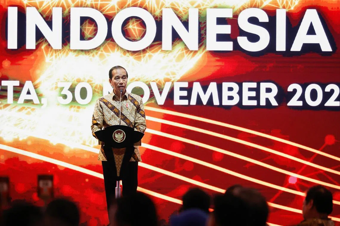 FILE PHOTO: Indonesian President Joko Widodo speaks during the annual meeting of Indonesia's central bank with its financial stakeholders in Jakarta, Indonesia, November 30, 2022. REUTERS/Willy Kurniawan/File photo