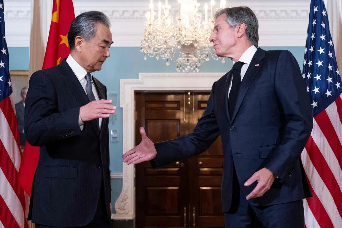 Chinese Foreign Minister Wang Yi meeting US Secretary of State Antony Blinken in Washington on Oct 26.
