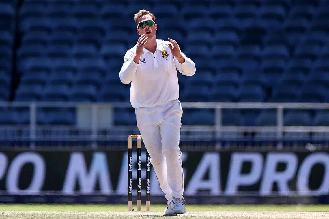 FILE PHOTO: Cricket - Second Test - South Africa v West Indies - Wanderers Stadium, Johannesburg, South Africa - March 11, 2023 South Africa's Simon Harmer reacts REUTERS/Siphiwe Sibeko/File Photo