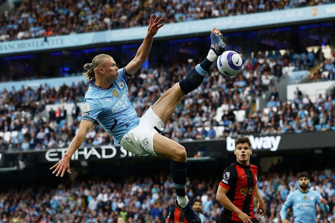 Manchester City's Erling Haaland in action during a Premier League soccer match between Manchester City and AFC Bournemouth at the Etihad Stadium, Manchester, Britain, May 20, 2025.