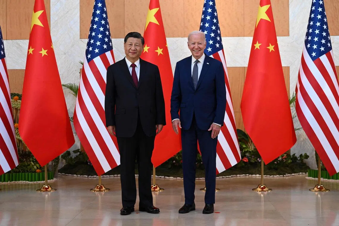 Chinese President Xi Jinping (left) and US President Joe Biden last met on the sidelines of the G-20 summit in Bali on Nov 14, 2022.