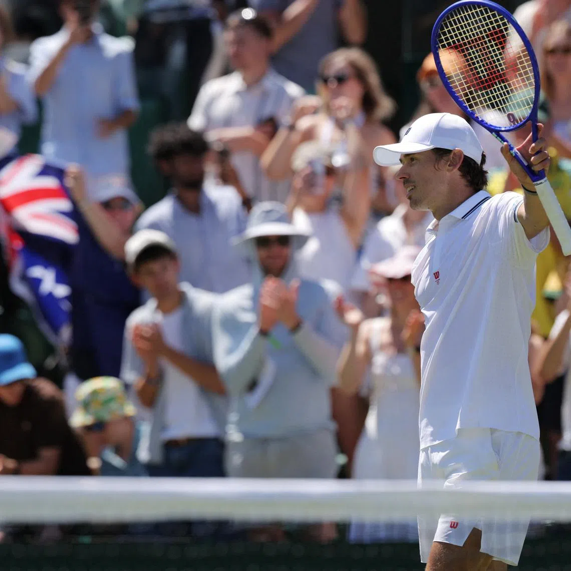 Tennis - Wimbledon - All England Lawn Tennis and Croquet Club, London, Britain - July 2, 2026 Australia's Alex de Minaur celebrates after winning his second round match against France's Adrian Mannarino REUTERS/Marko Djurica