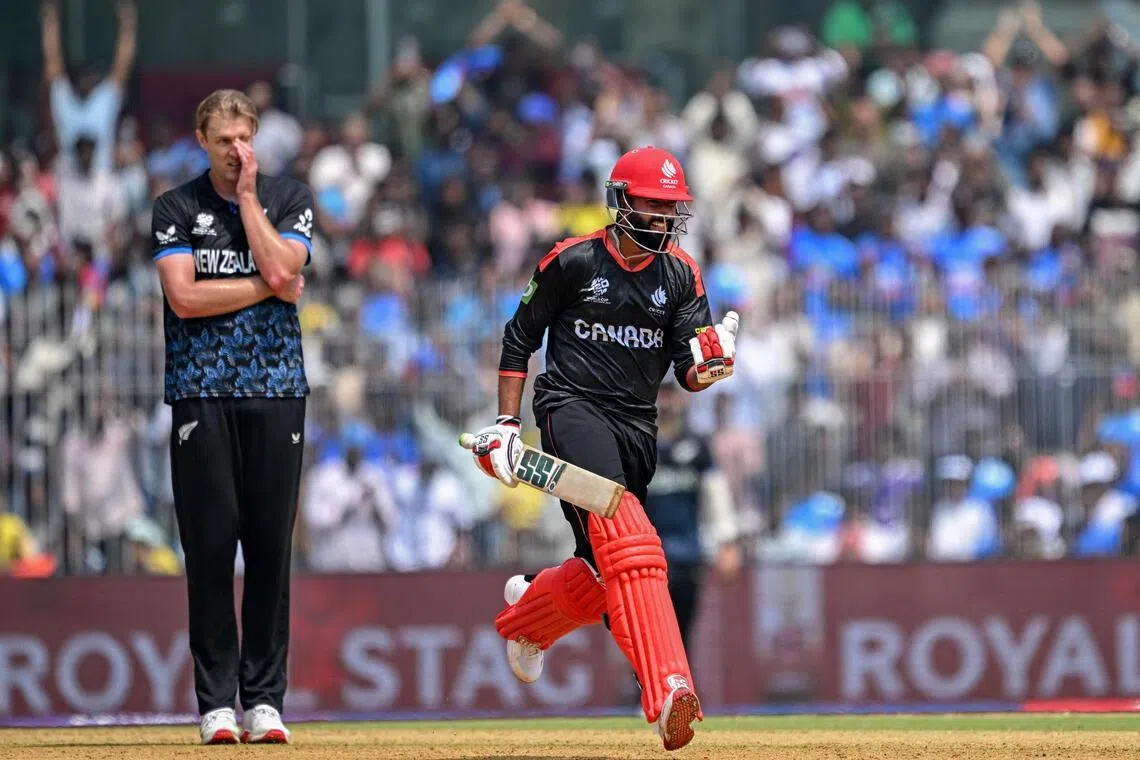Canada's Yuvraj Samra celebrating after scoring a century in the ICC Men's T20 Cricket World Cup group-stage loss to New Zealand at the MA Chidambaram Stadium in Chennai on Feb 17, 2026.