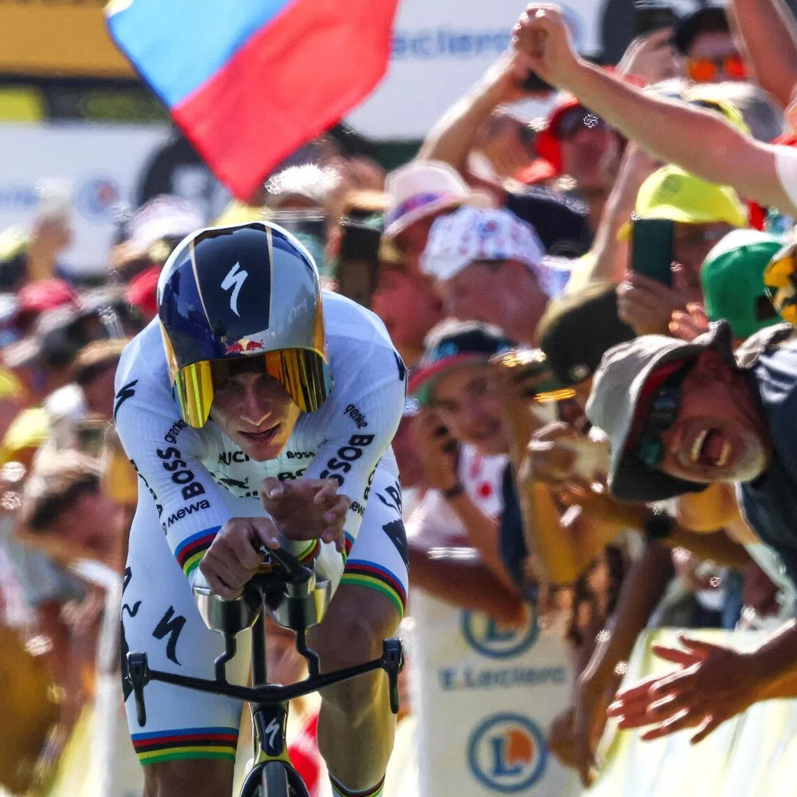 Red Bull–Bora–Hansgrohe’s Remco Evenepoel in action at the end of the Stage 16 individual time-trial.