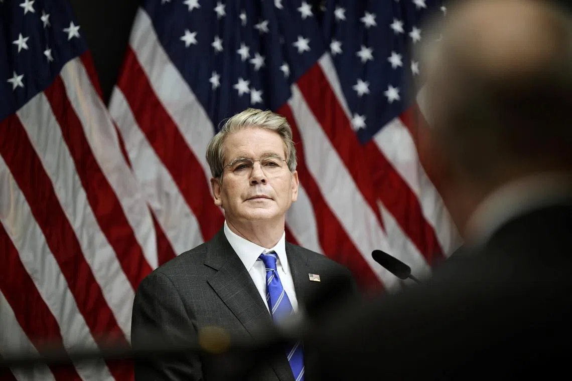 FILE PHOTO: U.S. Treasury Secretary Scott Bessent attends a press conference at government quarters Rosenbad after the trade talks between the U.S. and China concluded, in Stockholm, Sweden, July 29, 2025. Magnus Lejhall/TT News Agency/via REUTERS/File Photo