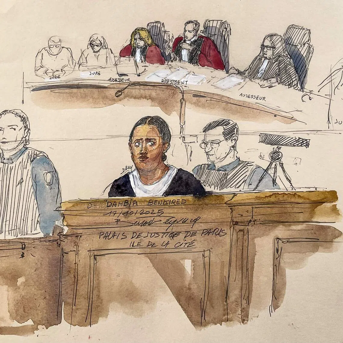 A court sketch showing Dahbia Benkired during her trial over the rape and murder of a 12-year-old Parisian girl, on Oct 17.