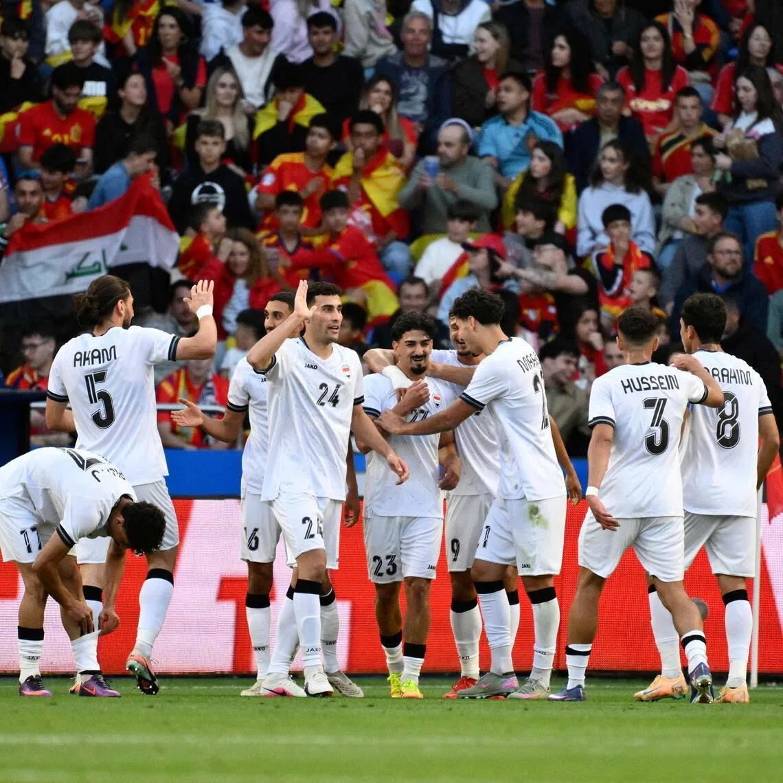 Iraq defender Merchas Doski celebrates scoring the equaliser on June 4 against a Spain side that was lacking several key players.