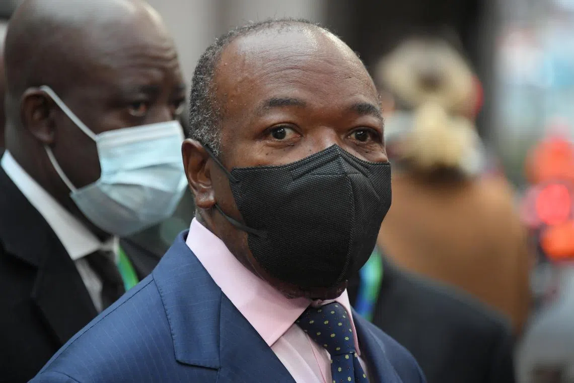 FILE PHOTO: Gabon's President Ali Bongo Ondimba arrives for the second day of a European Union (EU) African Union (AU) summit at The European Council Building in Brussels, Belgium, February 18, 2022. John Thys / Pool via REUTERS/File Photo
