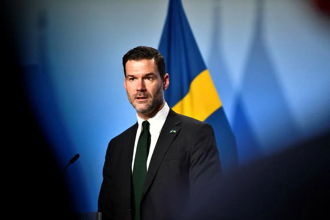 Sweden's Minister of Foreign Trade Johan Forssell attends a news conference on the day of a meeting of EU trade ministers in Stockholm March 10, 2023. Caisa Rasmussen/TT News Agency/via REUTERS/File Photo
