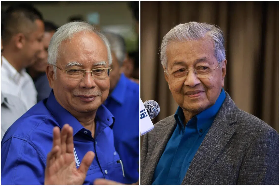 Former Malaysian PM Najib Razak (left) said Dr Mahathir Mohamad was oppressive during his two tenures as prime minister. 