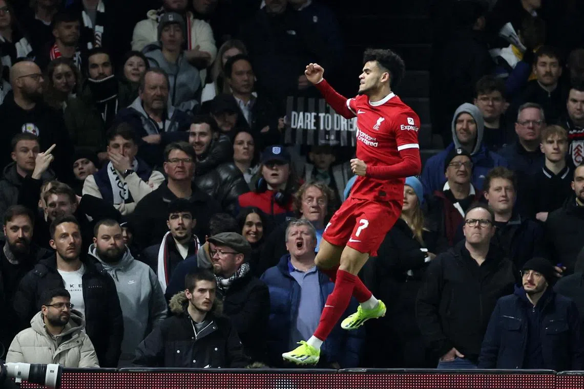 Liverpool's Luis Diaz celebrates scoring their first goal against Fulham in the League Cup final. 