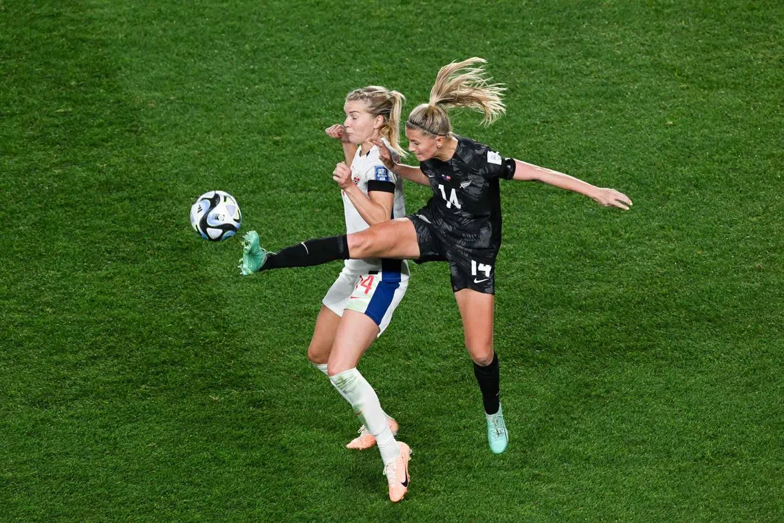 Ada Hegerberg (left), seen here fighting for the ball against New Zealand's midfielder Katie Bowen, struggled in Norway's Women's World Cup opening loss against the co-hosts at Eden Park.
