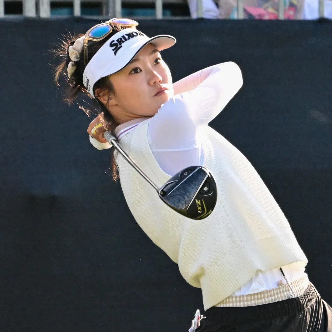 May 30, 2025; Erin, Wisconsin, USA; Grace Kim tees off at the 1st hole during the second round of the U.S. Women's Open golf tournament. Mandatory Credit: Benny Sieu-Imagn Images