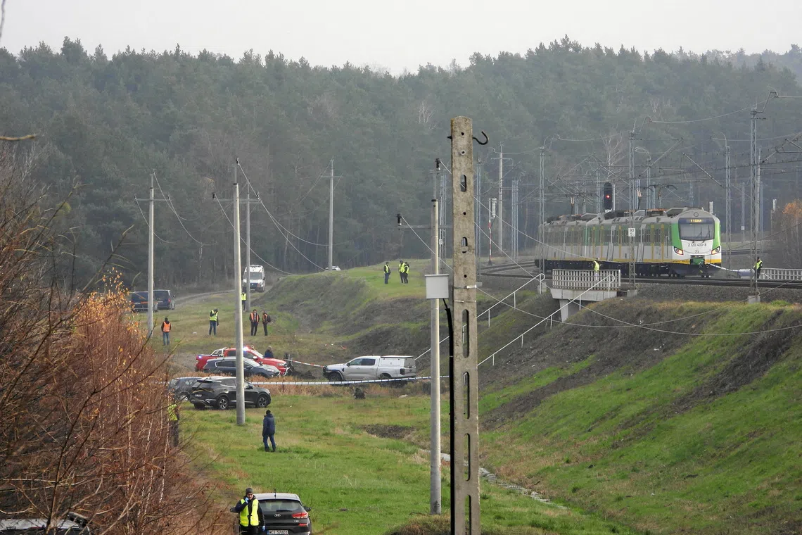 FILE PHOTO: The site of the blast on the railways on the Warsaw-Lublin line in Mika, Poland, November 16, 2025.  Dariusz Borowicz/Agencja Wyborcza.pl via REUTERS