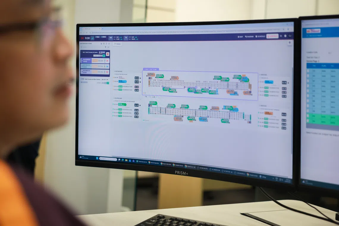 An SBS Transit service controller monitors live bus operations using FlowOS Live at the SBS Transit Operations Control Centre at Seletar Depot on Sept 24.
