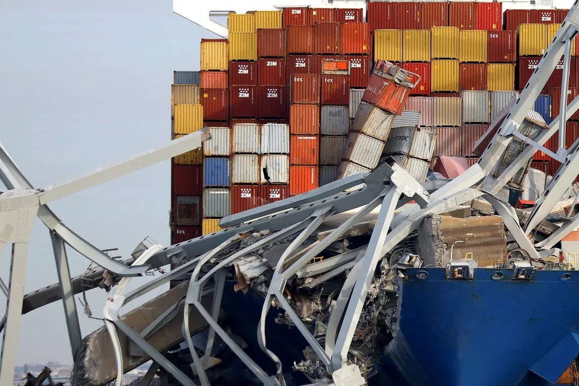 A view of the Dali cargo vessel which crashed into the Francis Scott Key Bridge causing it to collapse in Baltimore, Maryland, U.S., on March 26, 2024. 