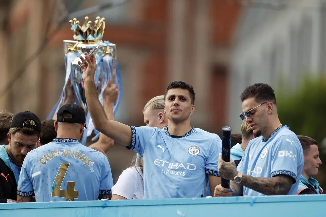 Manchester City's Rodri, a key player of the team, during a victory parade last season after winning the Premier League.