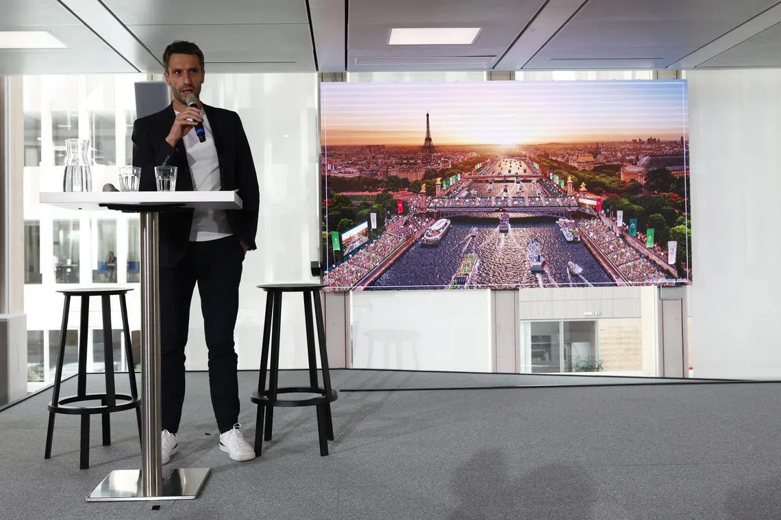 Paris 2024 organising committee chairman Tony Estanguet speaking during a press conference on July 18, 2023.