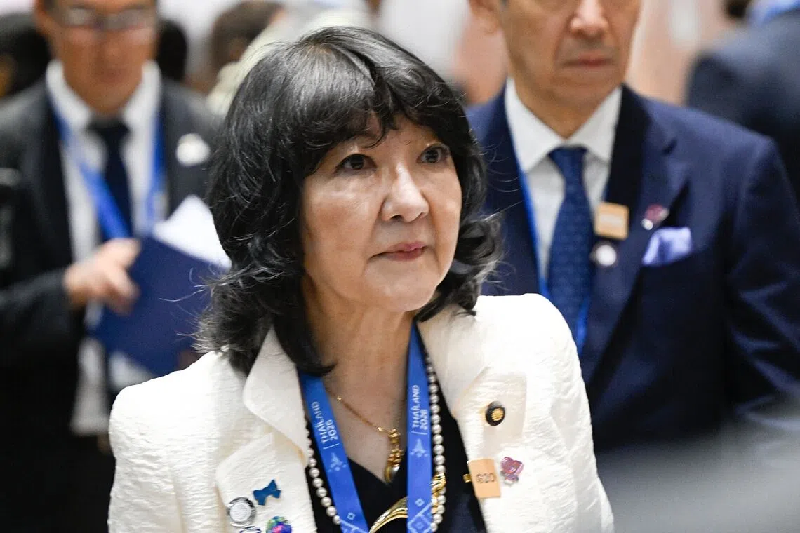 Japanese Finance Minister Satsuki Katayama spoke to reporters during the International Monetary Fund and World Bank annual meetings in Bangkok on Oct 15.