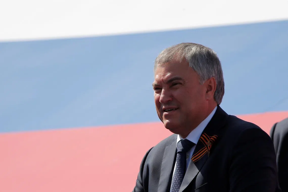 FILE PHOTO: Russia's State Duma Speaker Vyacheslav Volodin is seen before the Victory Day Parade in Red Square in Moscow, Russia June 24, 2020. REUTERS/Maxim Shemetov/File Photo