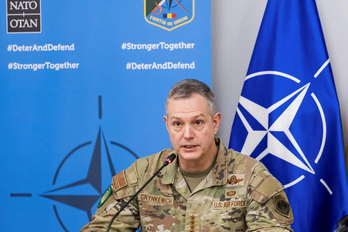 FILE PHOTO: General Alexus Grynkewich, NATO's supreme allied commander Europe, and Romanian Chief of the Defense Staff, General Gheorghita Vlad (not pictured), deliver a joint press conference in Sibiu, Romania, January 20, 2026. Inquam Photos/Ovidiu Matiu via REUTERS/File Photo