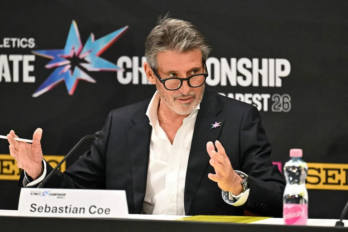 World Athletics president Sebastian Coe speaks during a press conference ahead of the World Athletics Ultimate Championship at the Gyula Zsivotzky National Athletics Centre in Budapest on September 10, 2026. (Photo by Attila KISBENEDEK / AFP)