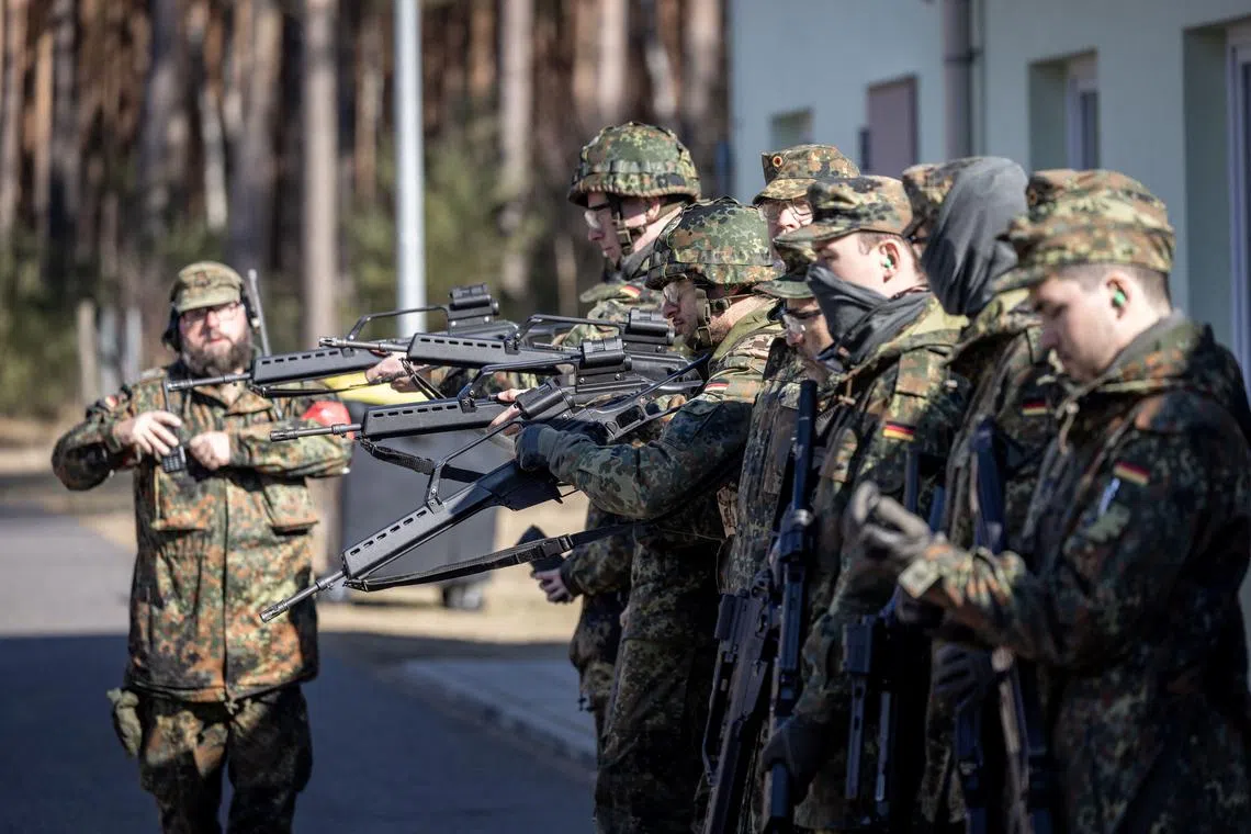 German reservists undergoing military training at a barracks near Berlin, Germany, on March 6.