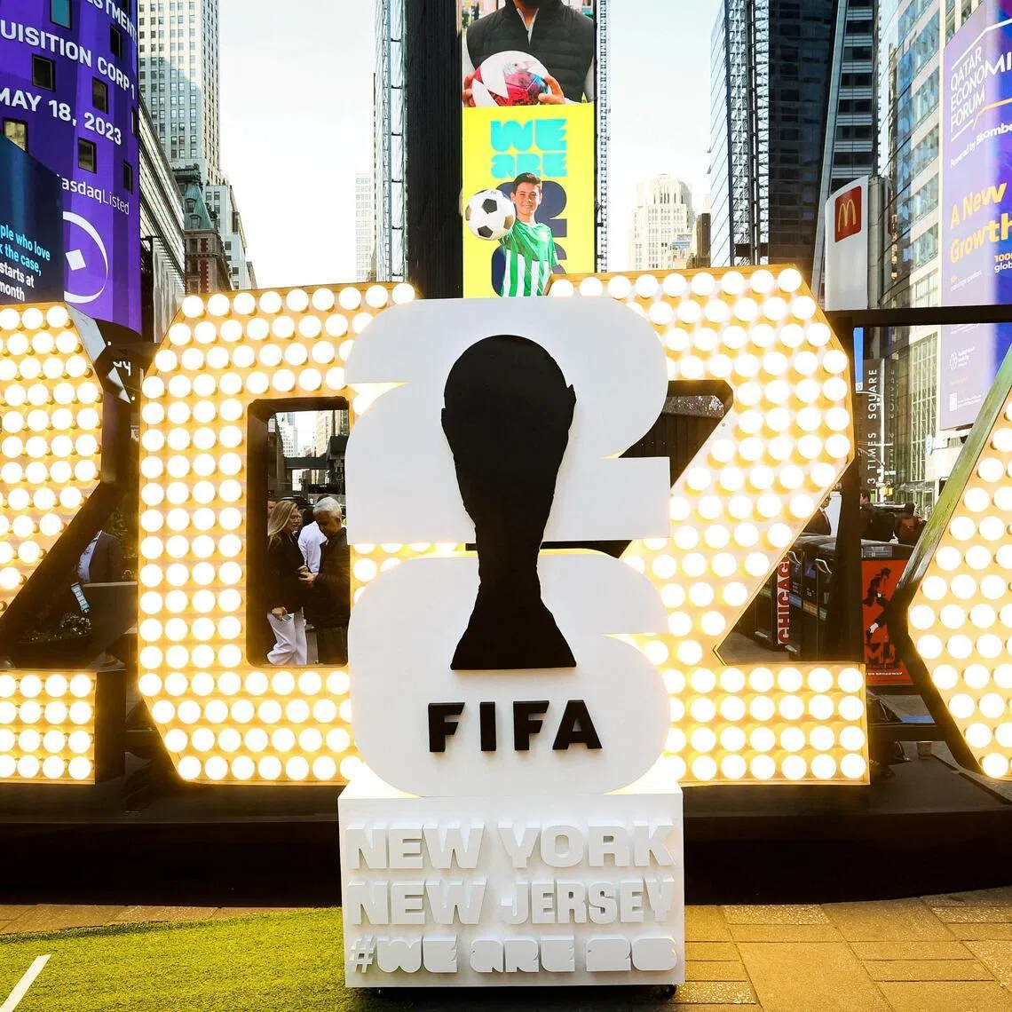 FILE PHOTO: The New York/New Jersey's FIFA World Cup 2026 logo is revealed during the kickoff event in Times Square in New York City, U.S., May 18, 2023.  REUTERS/Brendan McDermid/File Photo