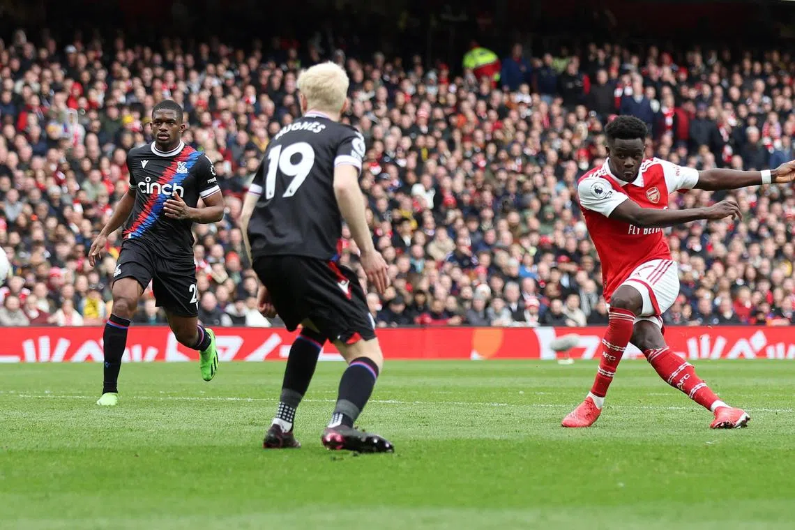 Arsenal's Bukayo Saka scoring their fourth goal in the Premier League win over Crystal Palace at the Emirates on Sunday.