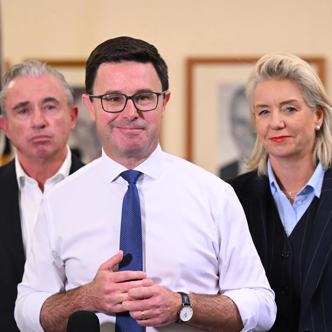 Nationals Leader David Littleproud (centre), Deputy Leader Kevin Hogan (left) and Senate Leader Bridget McKenzie speaking to the media during a press conference in Canberra on May 20. 