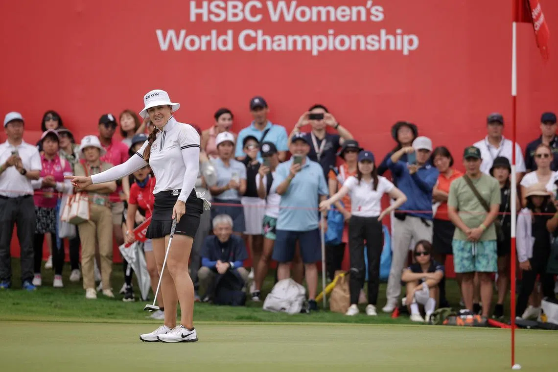 Hannah Green of Australia sinking a birdie on the 18th to win the HSBC Women's World Championship at Sentosa Golf Club’s Tanjong Course on March 3, 2024.