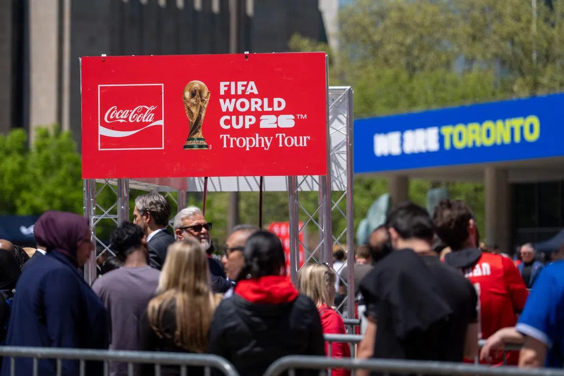 May 25, 2026; Toronto, ON, CAN; Fans gather to enter the the Coca-Cola FIFA World Cup fan zone during the FIFA World Cup Trophy Tour by Coca-Cola at Nathan Phillips Square. Mandatory Credit: Kevin Sousa-Imagn Images