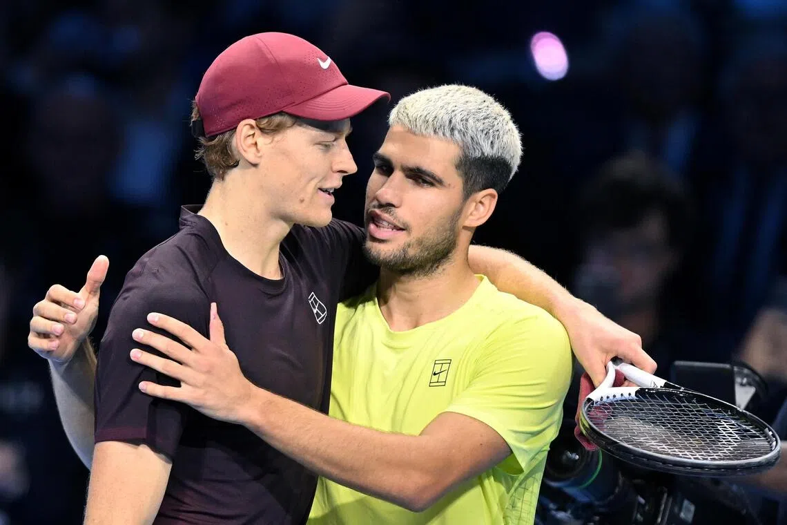Jannik Sinner of Italy and Carlos Alcaraz of Spain played in three Grand Slam finals in 202 and also the ATP Finals in November. 
