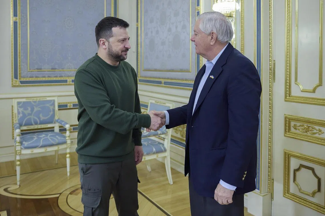 epa11228544 A handout photo made available by the Ukrainian Presidential Press Service shows Ukraine's President Volodymyr Zelensky (L) shaking hands with US Senator Lindsey Graham (R) during a meeting in Kyiv, Ukraine, 18 March 2024. The US Republican Senator arrived in Kyiv to meet with top Ukrainian officials amid the Russian invasion.  EPA-EFE/UKRAINIAN PRESIDENTIAL PRESS SERVICE HANDOUT -- MANDATORY CREDIT: UKRAINIAN PRESIDENTIAL PRESS SERVICE --  HANDOUT EDITORIAL USE ONLY/NO SALES HANDOUT EDITORIAL USE ONLY/NO SALES