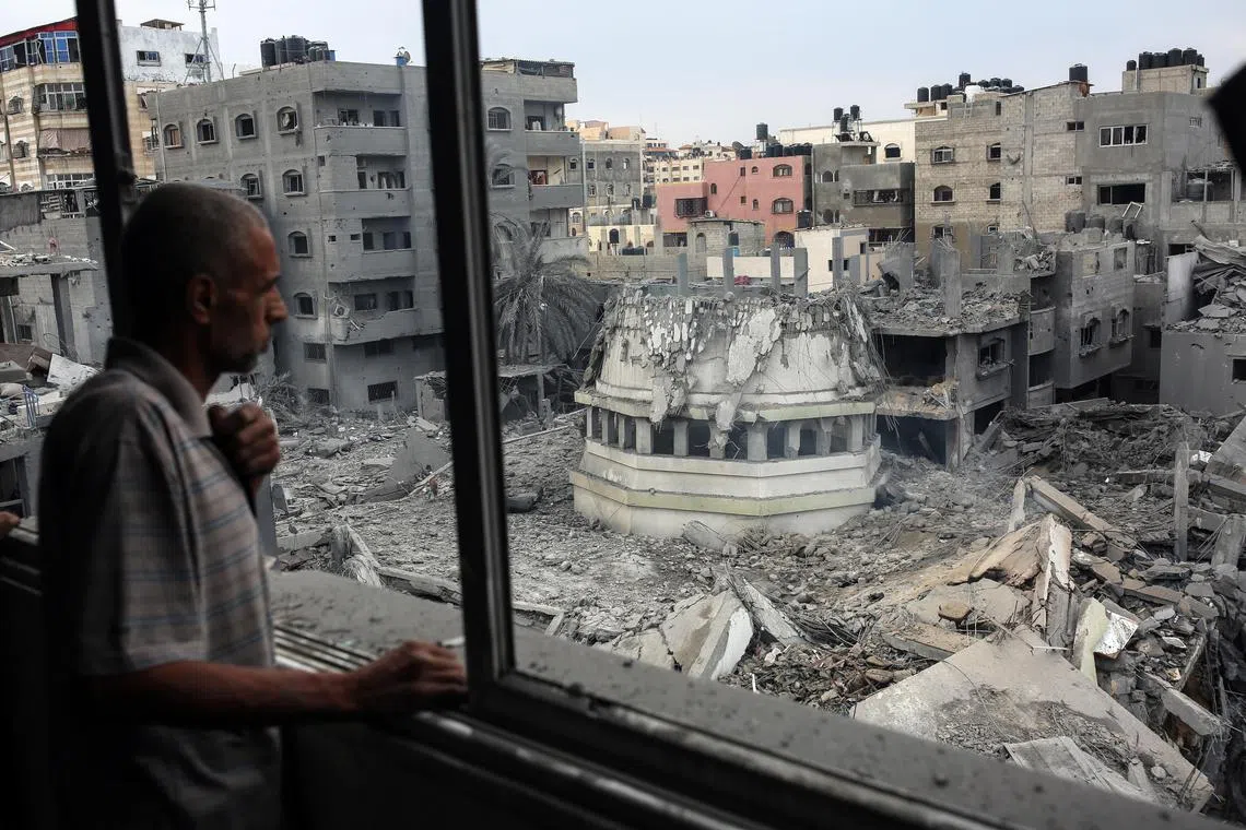 The ruins of the Yassin Mosque in the Shati refugee camp, just outside Gaza City, on Monday, Oct. 9, 2023. Israeli airstrikes hit the mosque as the muezzin was beginning to dawn call to prayer, according to the Gazan authorities. (Samar Abu Elouf/The New York Times)