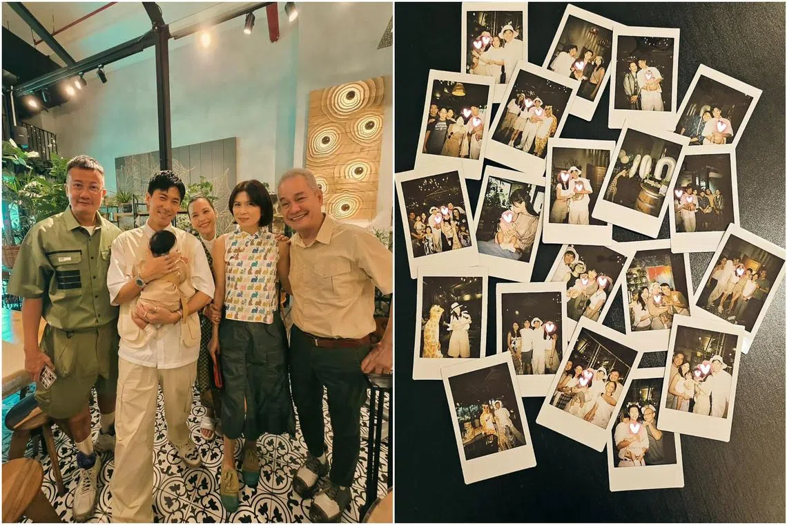 Singaporean actor Desmond Tan's baby girl's 100th-day party was attended by celebrity guests like (from left) Chen Hanwei, Zoe Tay, Pan Lingling and Richard Low.