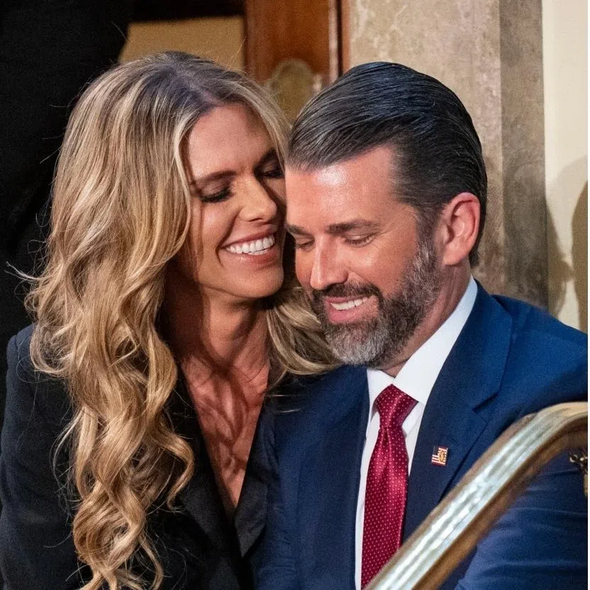 US President Donald Trump (left) said the Iran war made it “bad timing” for him to attend Donald Trump Jr’s wedding to Bettina Anderson (centre) in the Bahamas this weekend.